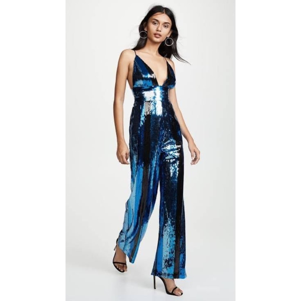 WAYF Women Jumpsuit XS Blue Sequin Striped V-Neck Sleeveless Wide Leg Sparkly